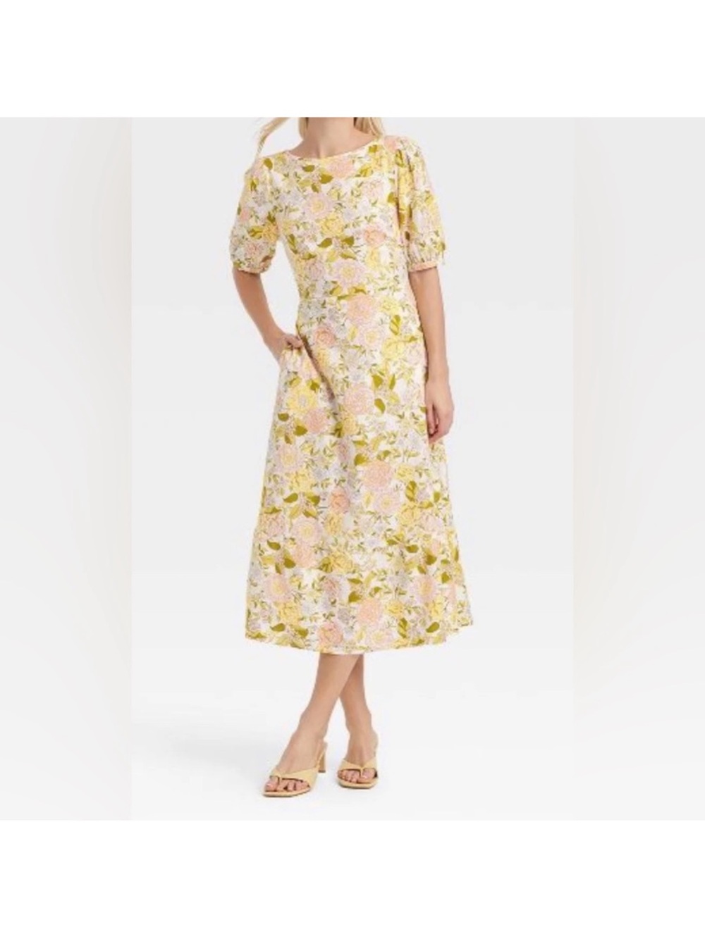 Linen Floral Print Tie
Back Midi Dress With Puff Sleeves & Side Pockets